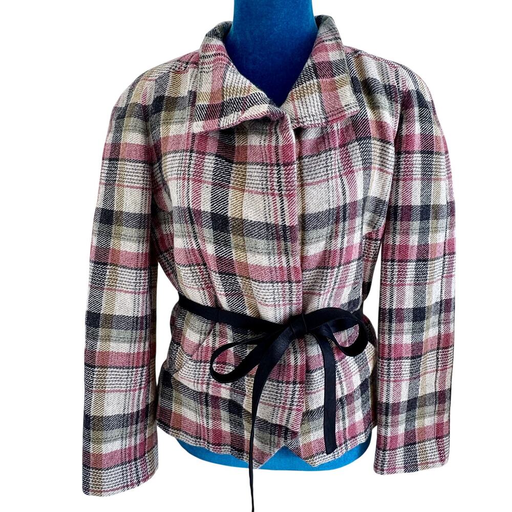 Isabel Marant France Wool Linen Lambskin Plaid Wrap Jacket Luxury Couture Pink
